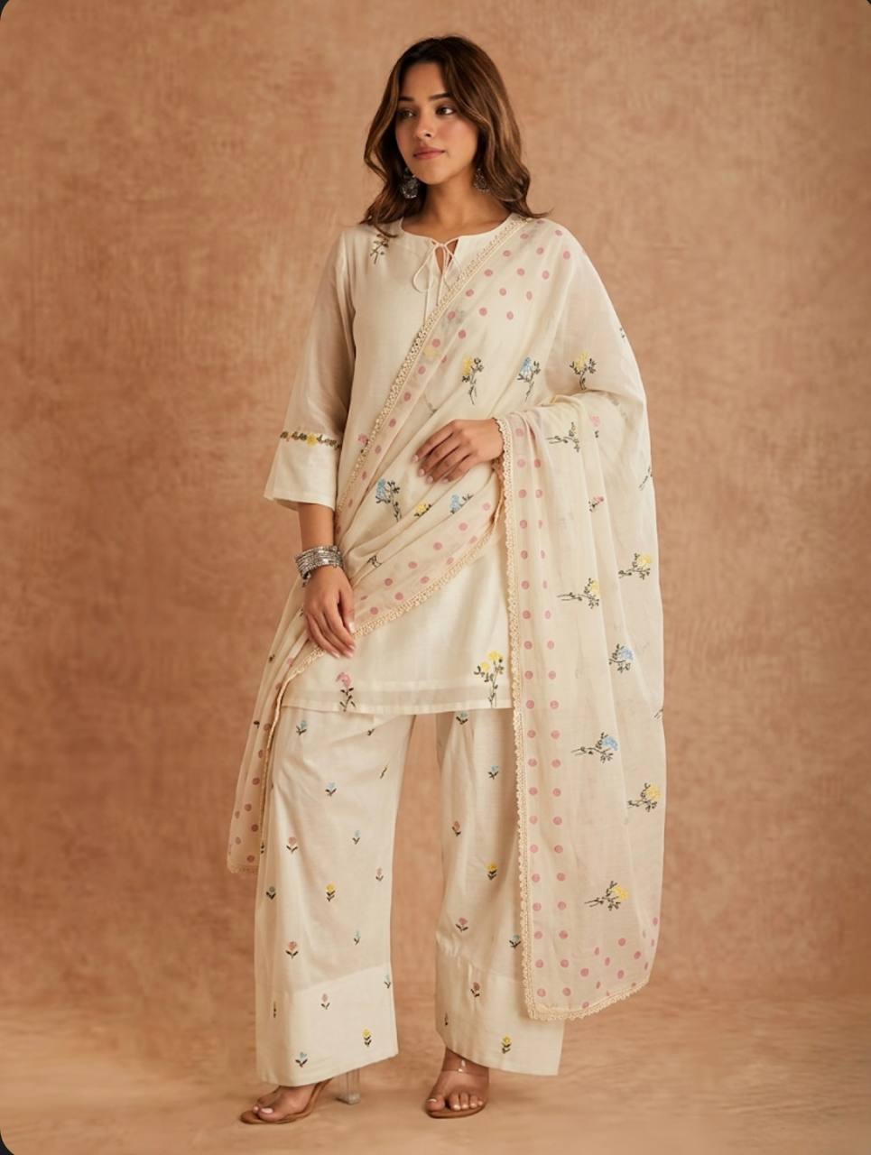 Occasion Wear White Color Pure Cotton Silk Palazzo Suit