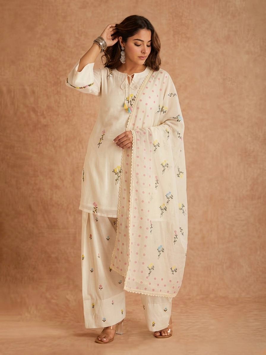 Occasion Wear White Color Pure Cotton Silk Palazzo Suit