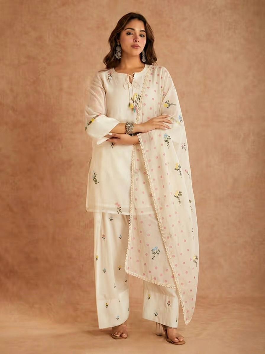 Occasion Wear White Color Pure Cotton Silk Palazzo Suit