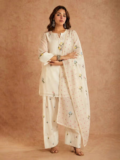Occasion Wear White Color Pure Cotton Silk Palazzo Suit
