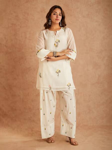 Occasion Wear White Color Pure Cotton Silk Palazzo Suit