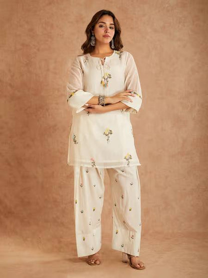 Occasion Wear White Color Pure Cotton Silk Palazzo Suit