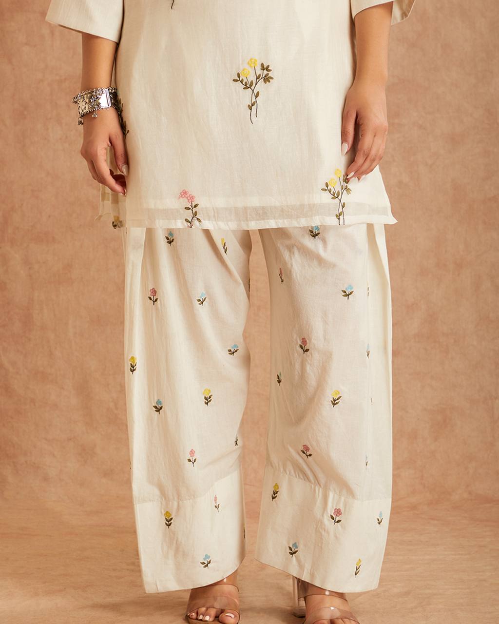 Occasion Wear White Color Pure Cotton Silk Palazzo Suit