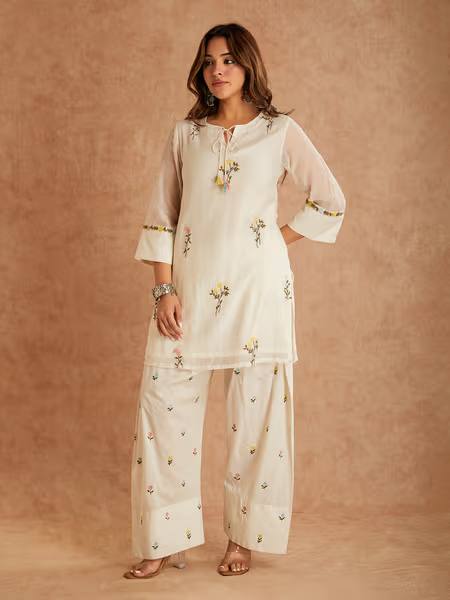 Occasion Wear White Color Pure Cotton Silk Palazzo Suit
