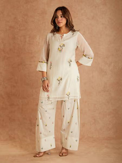 Occasion Wear White Color Pure Cotton Silk Palazzo Suit