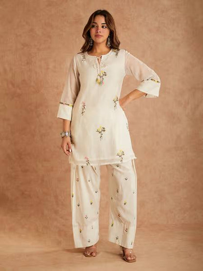 Occasion Wear White Color Pure Cotton Silk Palazzo Suit