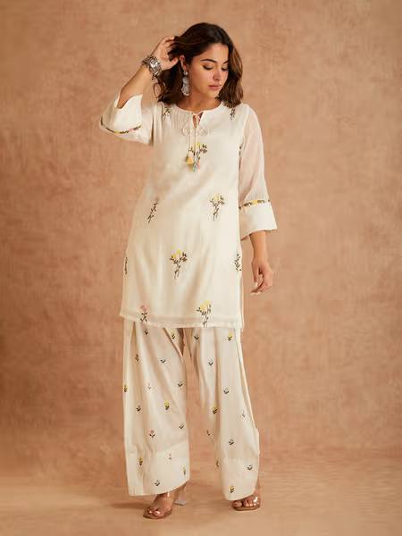 Occasion Wear White Color Pure Cotton Silk Palazzo Suit