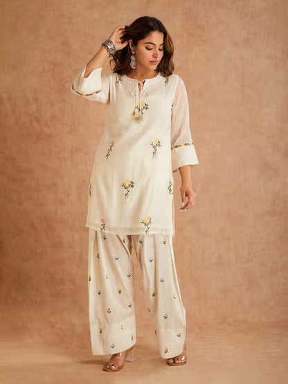 Occasion Wear White Color Pure Cotton Silk Palazzo Suit