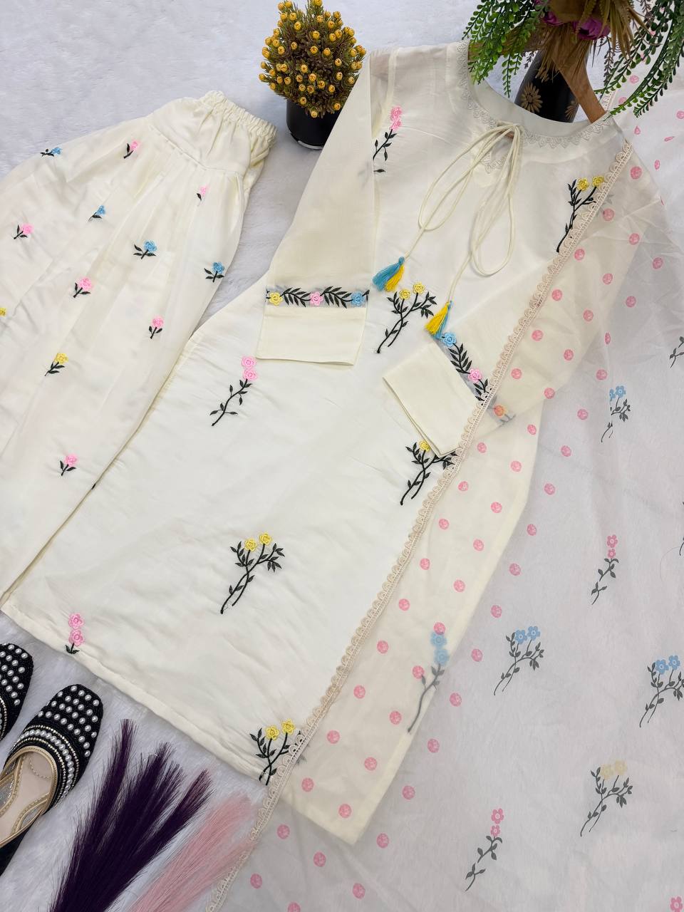 Occasion Wear White Color Pure Cotton Silk Palazzo Suit