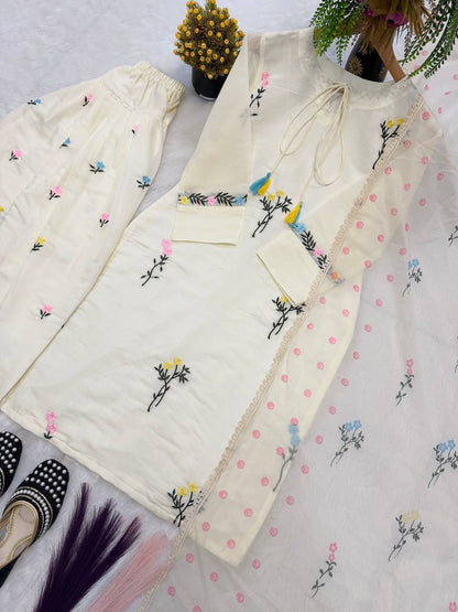 Occasion Wear White Color Pure Cotton Silk Palazzo Suit