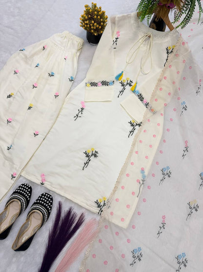 Occasion Wear White Color Pure Cotton Silk Palazzo Suit