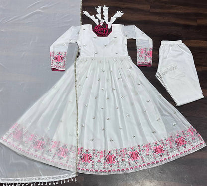 Fancy White Color Faux Blooming With Heavy Sequins And Thread Embroidered Work Anarkali Suit