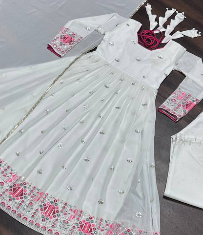 Fancy White Color Faux Blooming With Heavy Sequins And Thread Embroidered Work Anarkali Suit