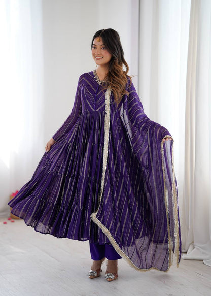 Fabulous Purple Color Mal Chanderi Anarkali Suit With Dupatta