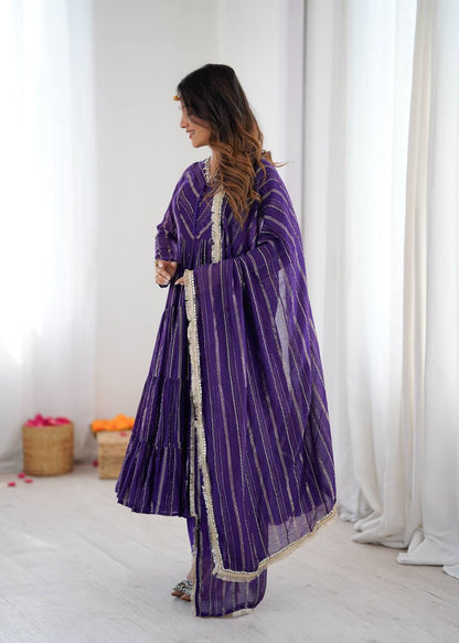 Fabulous Purple Color Mal Chanderi Anarkali Suit With Dupatta