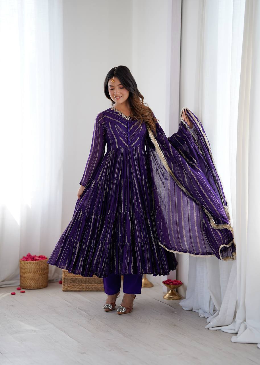 Fabulous Purple Color Mal Chanderi Anarkali Suit With Dupatta