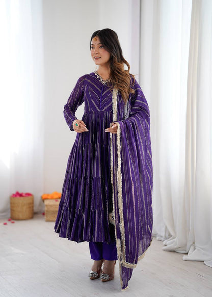 Fabulous Purple Color Mal Chanderi Anarkali Suit With Dupatta