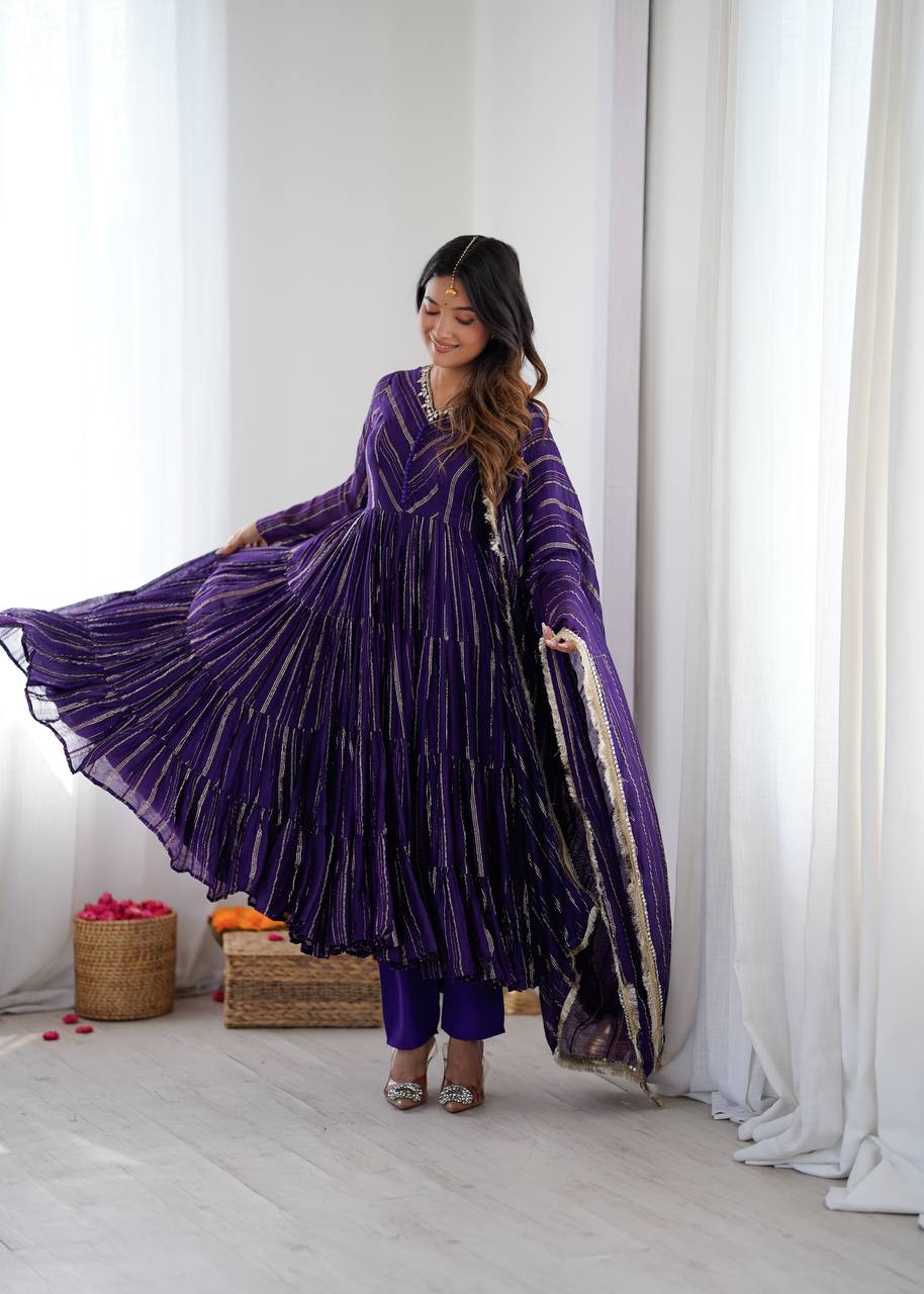 Fabulous Purple Color Mal Chanderi Anarkali Suit With Dupatta