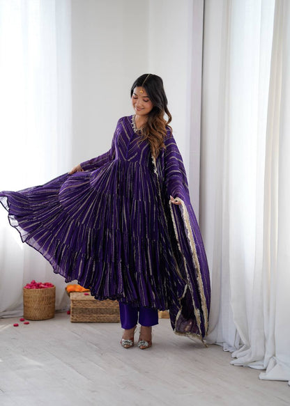 Fabulous Purple Color Mal Chanderi Anarkali Suit With Dupatta