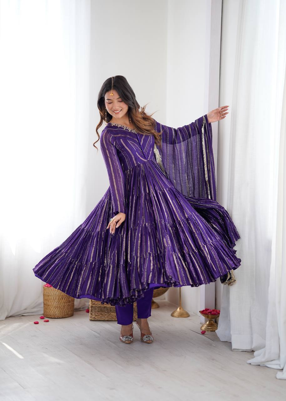 Fabulous Purple Color Mal Chanderi Anarkali Suit With Dupatta