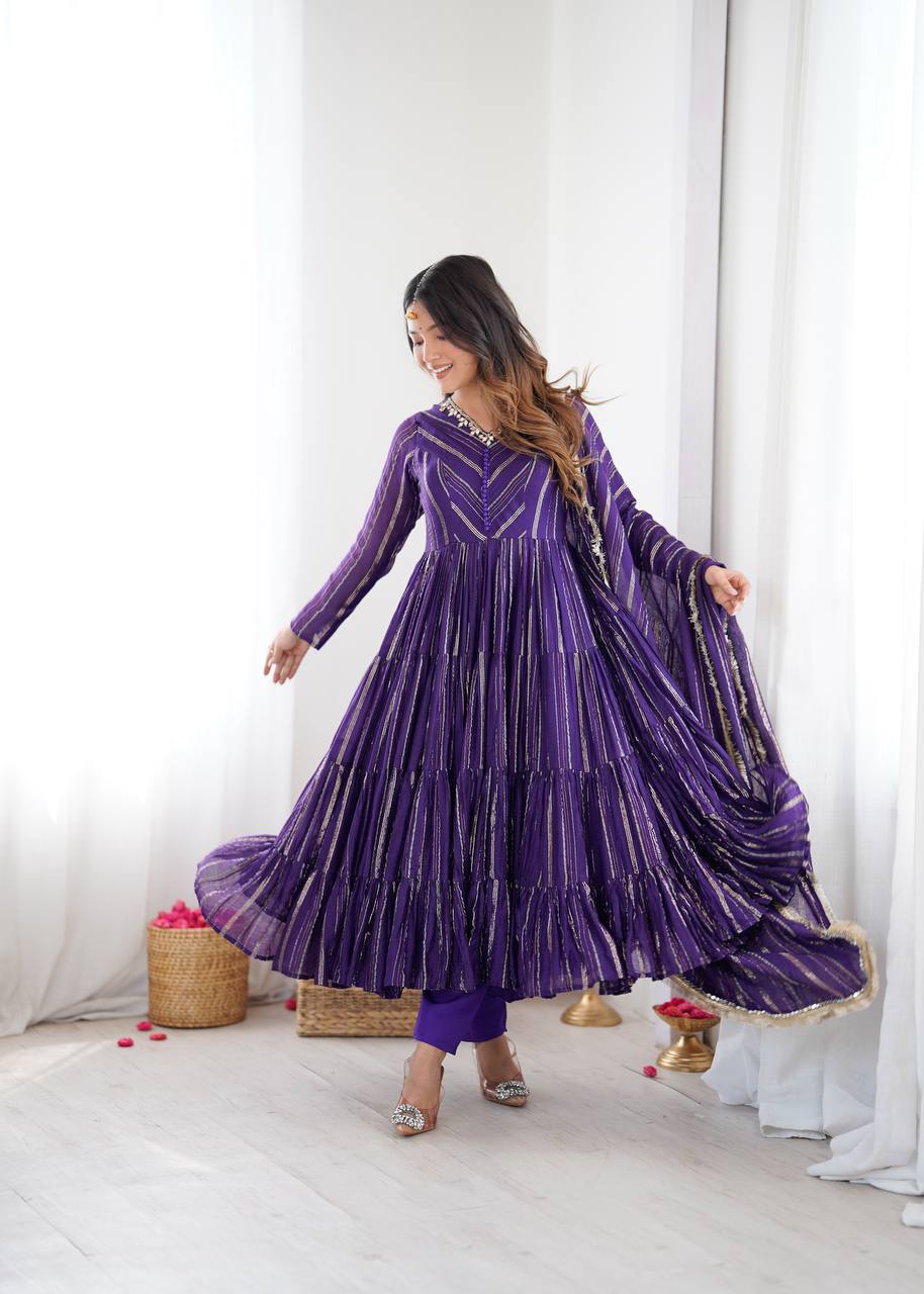 Fabulous Purple Color Mal Chanderi Anarkali Suit With Dupatta