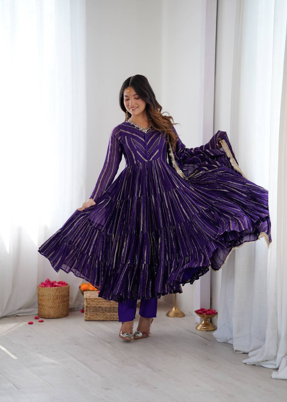 Fabulous Purple Color Mal Chanderi Anarkali Suit With Dupatta