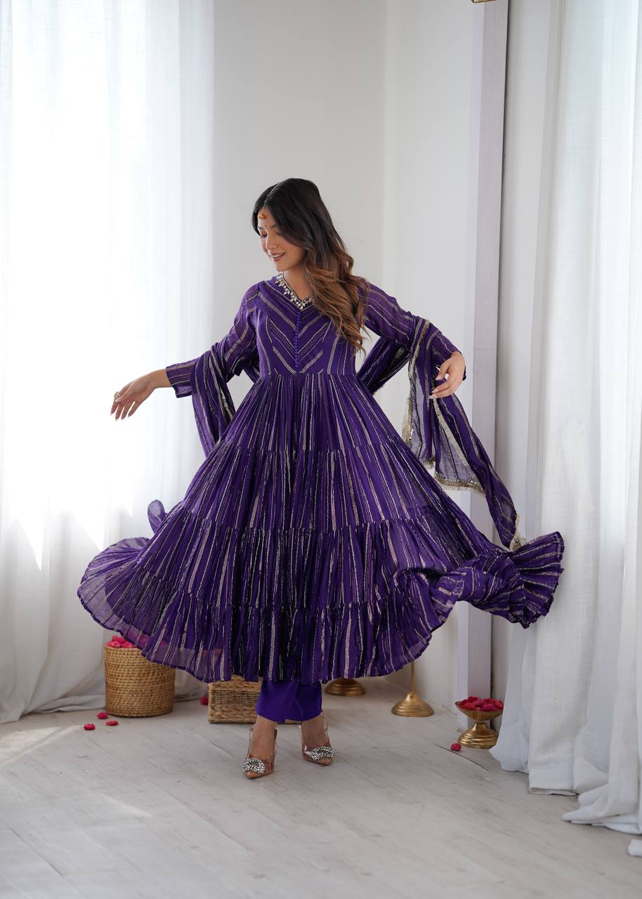 Fabulous Purple Color Mal Chanderi Anarkali Suit With Dupatta