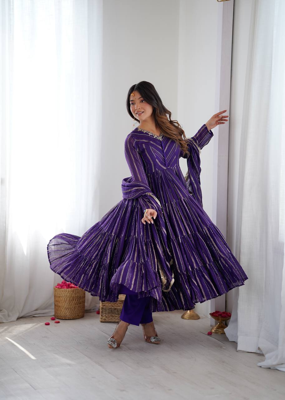 Fabulous Purple Color Mal Chanderi Anarkali Suit With Dupatta