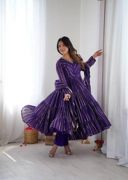 Fabulous Purple Color Mal Chanderi Anarkali Suit With Dupatta
