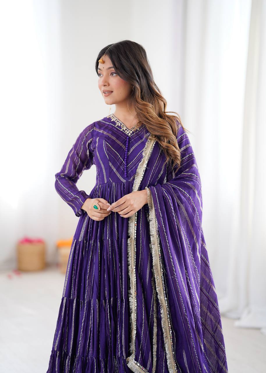 Fabulous Purple Color Mal Chanderi Anarkali Suit With Dupatta