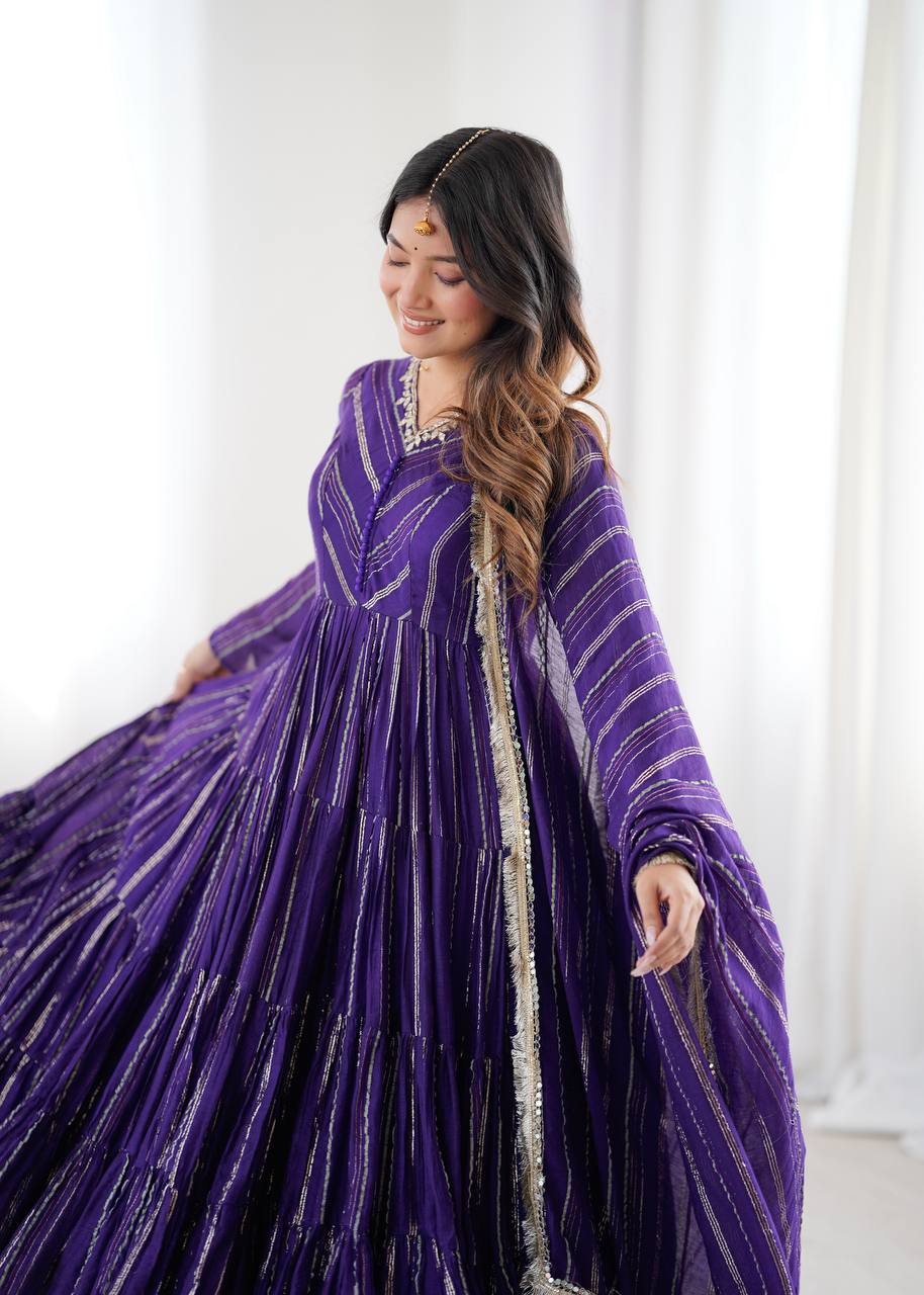 Fabulous Purple Color Mal Chanderi Anarkali Suit With Dupatta