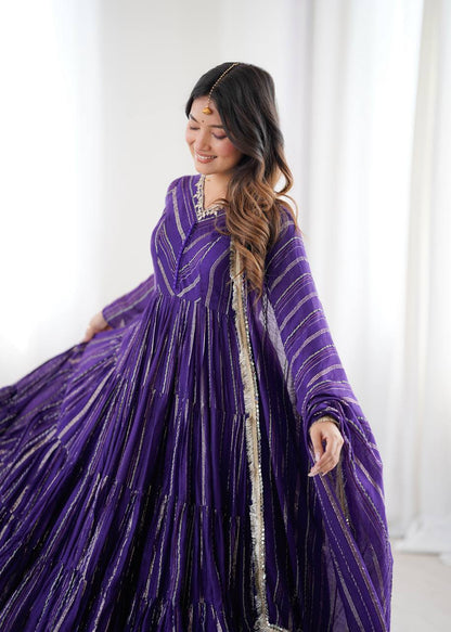 Fabulous Purple Color Mal Chanderi Anarkali Suit With Dupatta