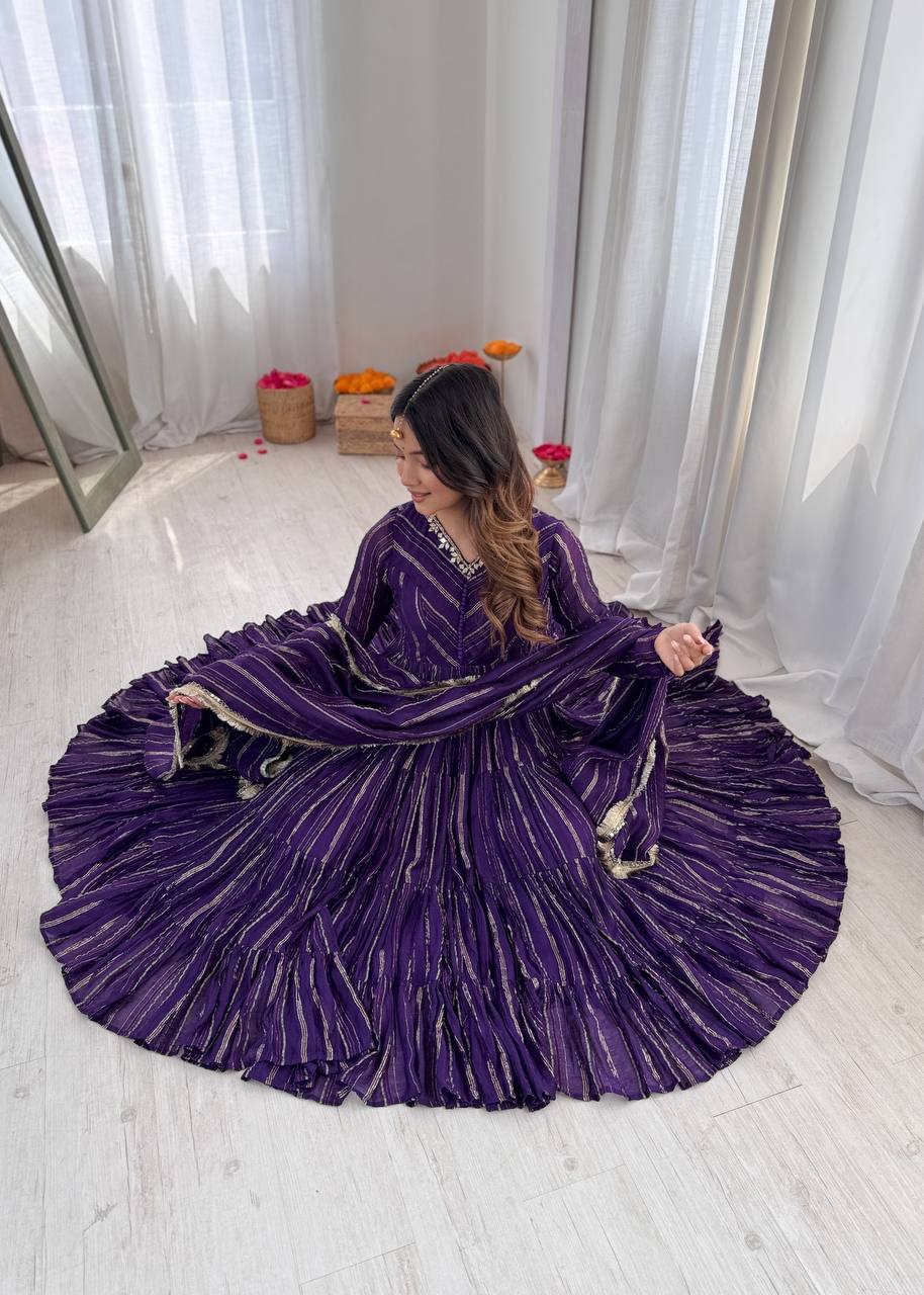 Fabulous Purple Color Mal Chanderi Anarkali Suit With Dupatta