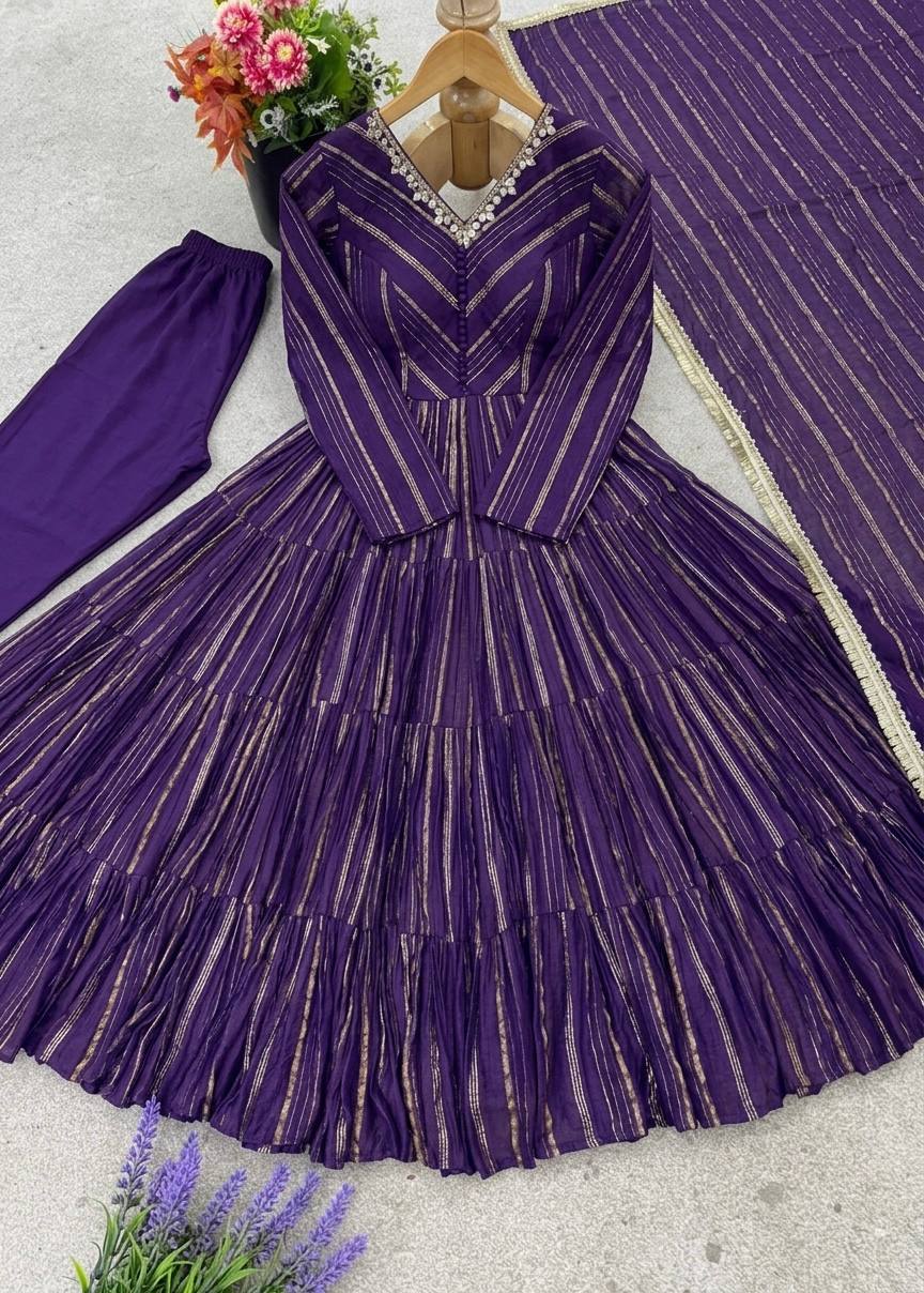 Fabulous Purple Color Mal Chanderi Anarkali Suit With Dupatta