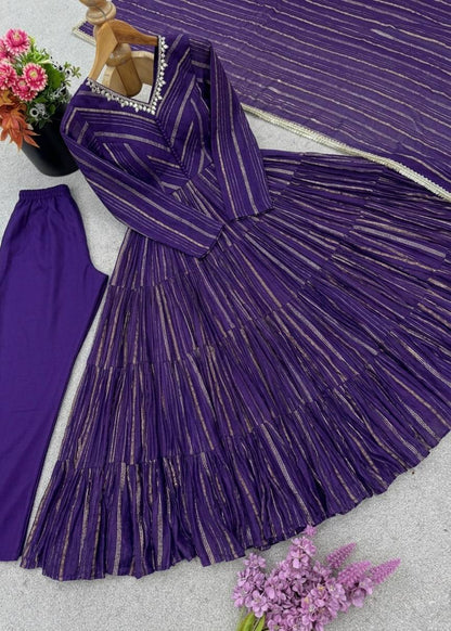 Fabulous Purple Color Mal Chanderi Anarkali Suit With Dupatta