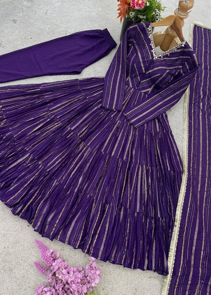 Fabulous Purple Color Mal Chanderi Anarkali Suit With Dupatta