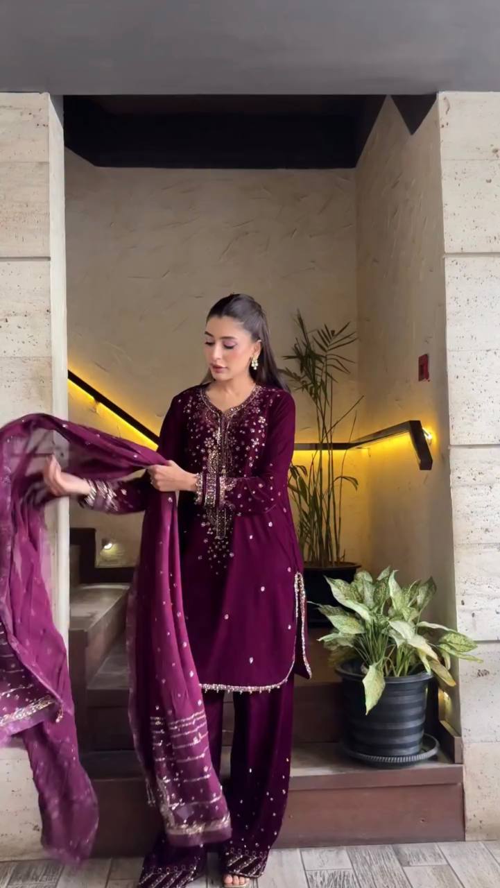 Ravishing Purple Color Sequin Work Palazzo Suit Set