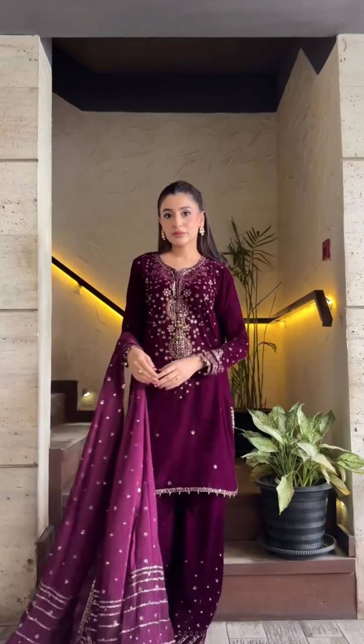 Ravishing Purple Color Sequin Work Palazzo Suit Set