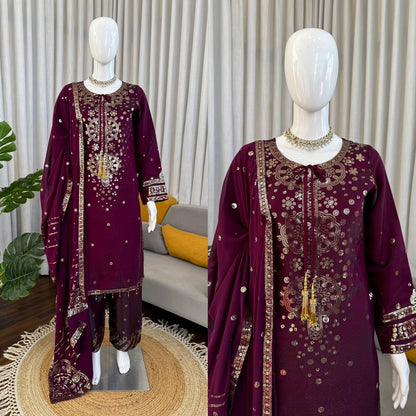 Ravishing Purple Color Sequin Work Palazzo Suit Set