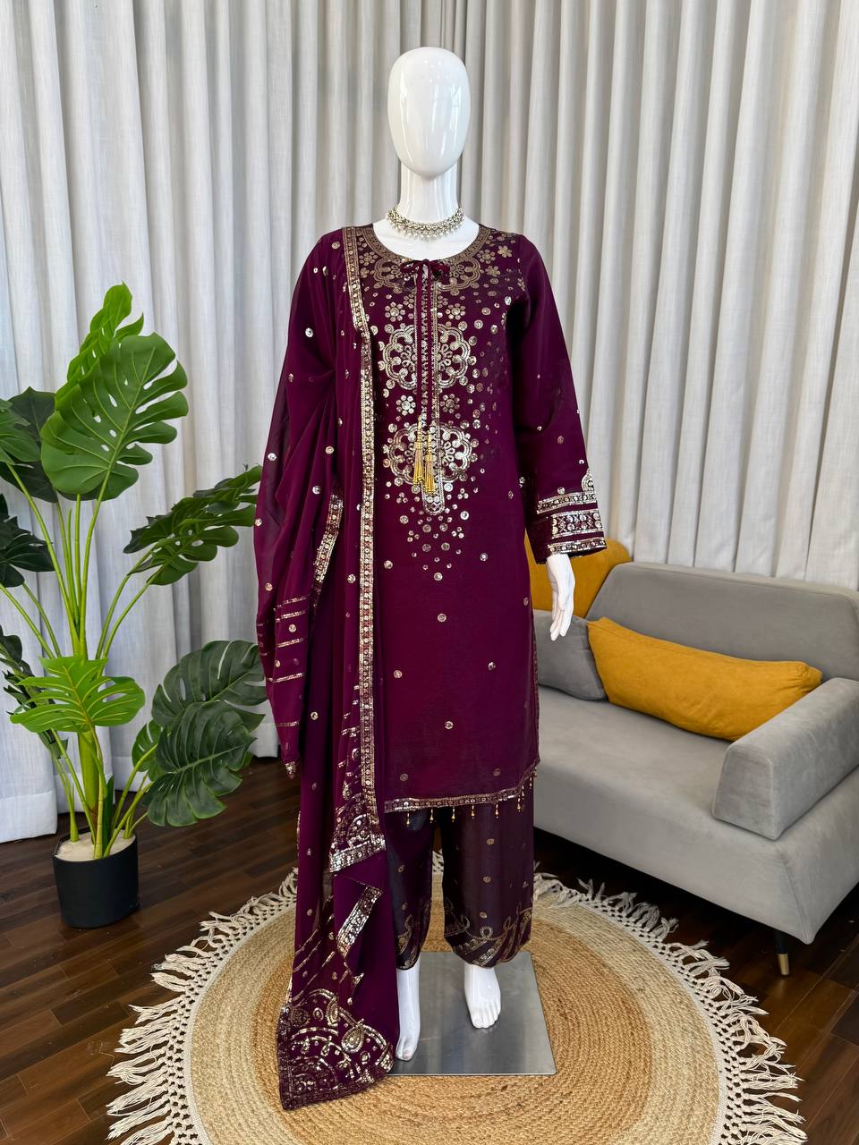 Ravishing Purple Color Sequin Work Palazzo Suit Set