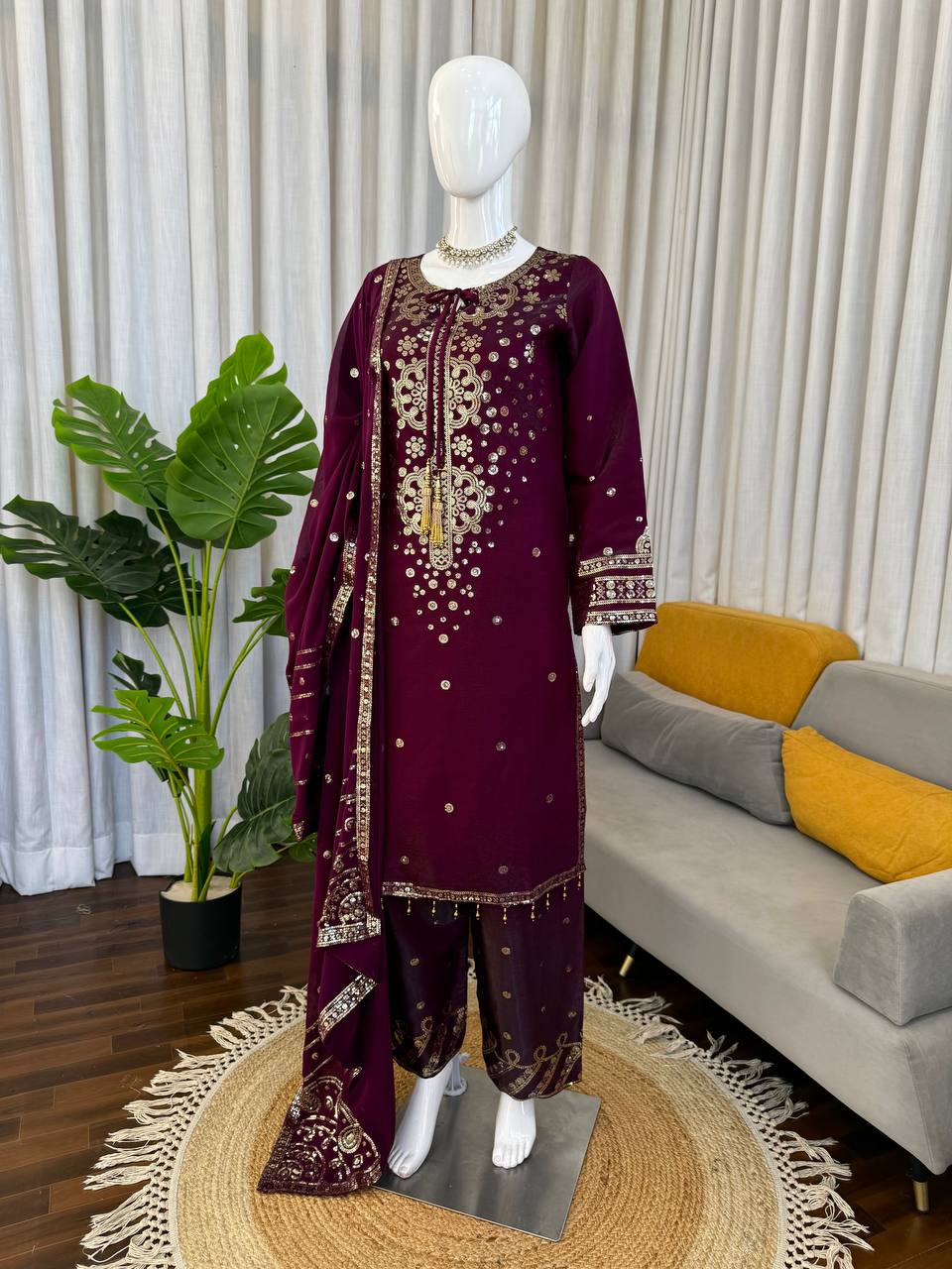 Ravishing Purple Color Sequin Work Palazzo Suit Set