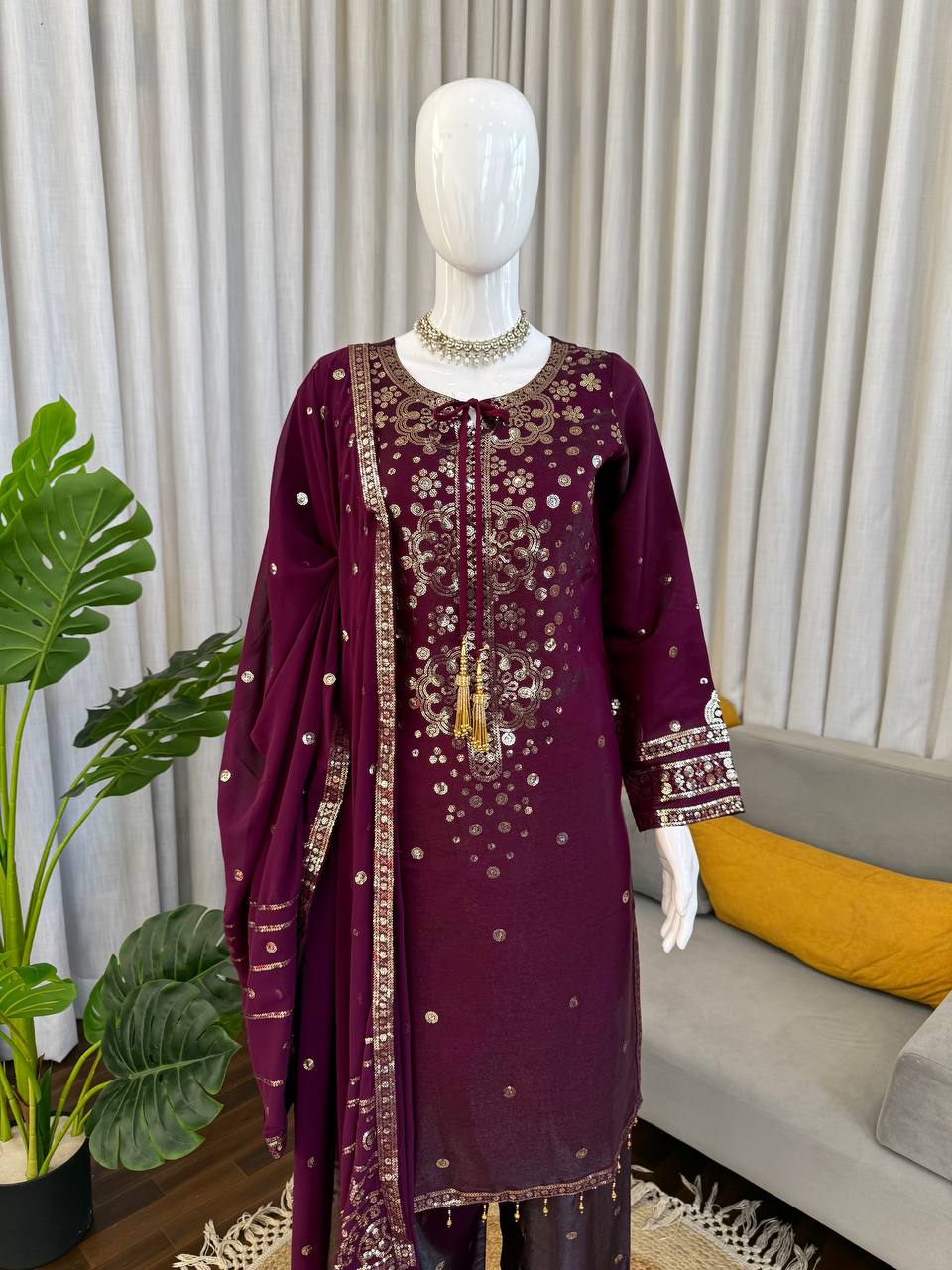Ravishing Purple Color Sequin Work Palazzo Suit Set