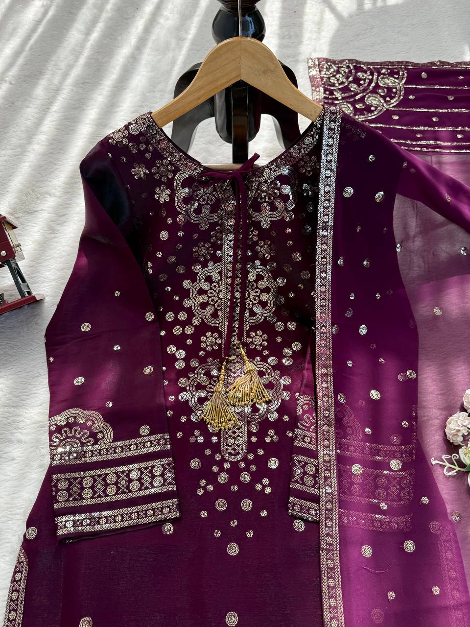 Ravishing Purple Color Sequin Work Palazzo Suit Set