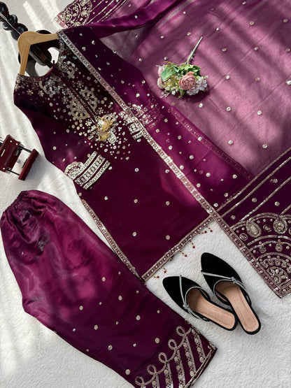 Ravishing Purple Color Sequin Work Palazzo Suit Set