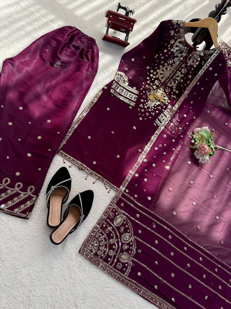 Ravishing Purple Color Sequin Work Palazzo Suit Set