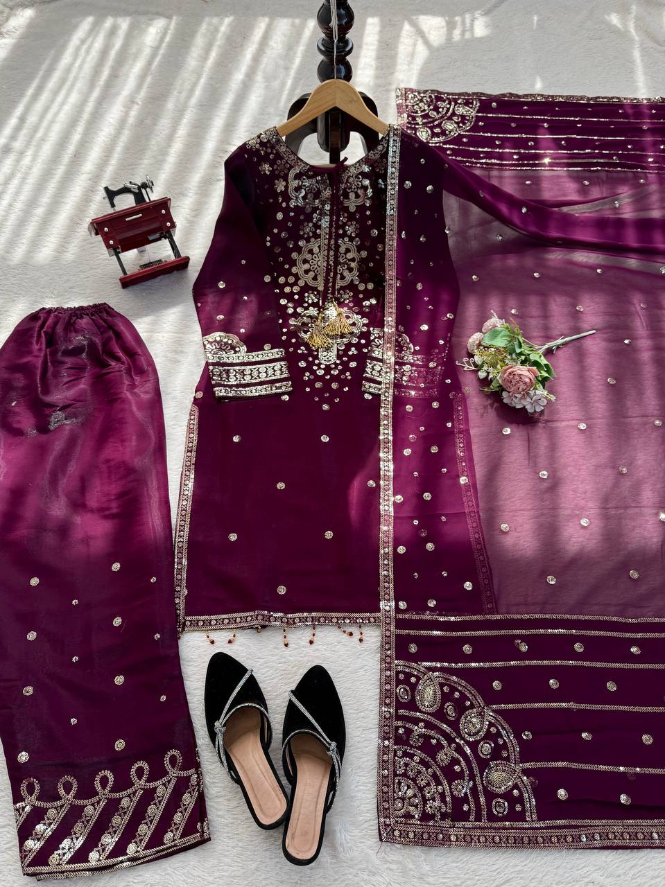 Ravishing Purple Color Sequin Work Palazzo Suit Set