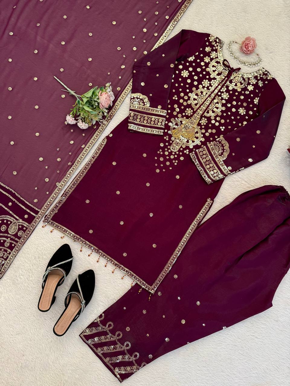 Ravishing Purple Color Sequin Work Palazzo Suit Set