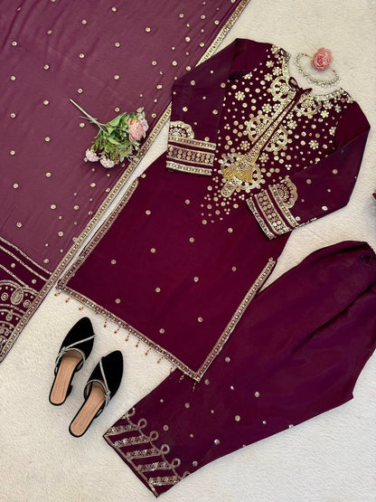 Ravishing Purple Color Sequin Work Palazzo Suit Set