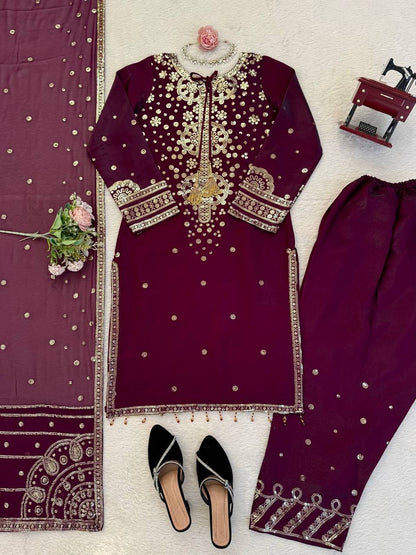 Ravishing Purple Color Sequin Work Palazzo Suit Set