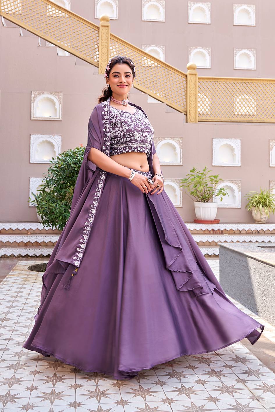 Dazzling Purple Color Heavy Embroidery Sequence Lehenga Set